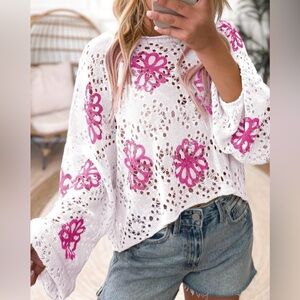 White and Pink Floral Lace Women's Top